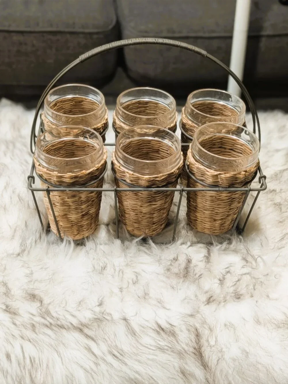 Wire Caddy Six Plastic Cups Wrapped in Woven Rattan Cottagecore Entertain